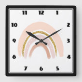 Pastel Roze & Faux Glitter Boho Regenboog Vierkante Klok (Voorkant)