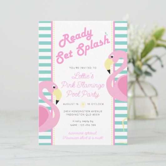 Pastel Roze Flamingo Zwembad Party Verjaardag Kaart (Staand voorkant)