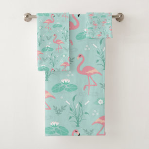 Pastel roze flamingo's groen patroon bad handdoek