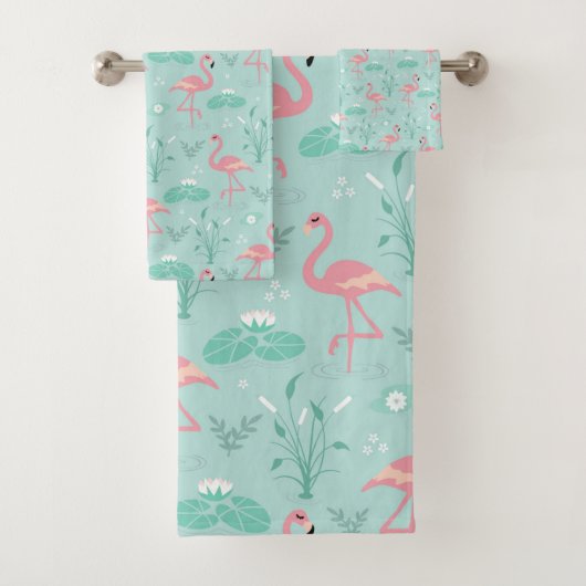 Pastel roze flamingo's groen patroon bad handdoek (Insitu)