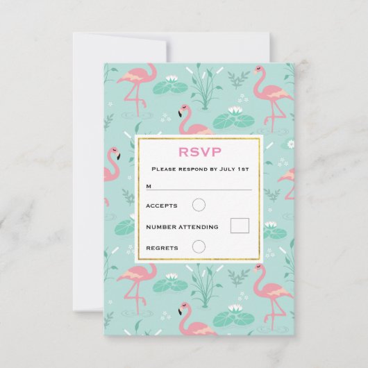 Pastel roze flamingo's groen patroon bruiloft RSVP kaartje (Voorkant)