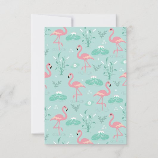 Pastel roze flamingo's groen patroon bruiloft RSVP kaartje (Achterkant)