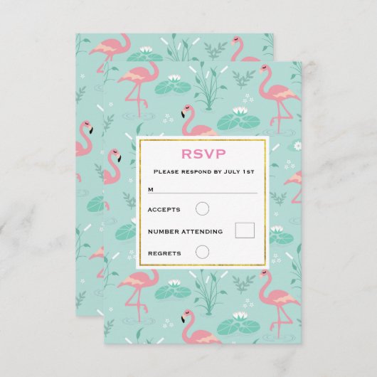 Pastel roze flamingo's groen patroon bruiloft RSVP kaartje (Voorkant / Achterkant)