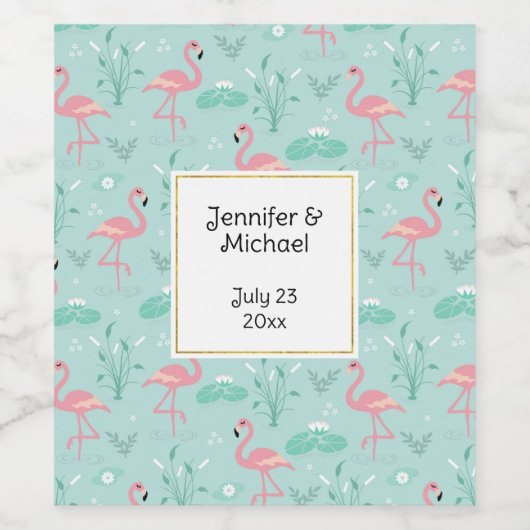 Pastel roze flamingo's groen patroon bruiloft wijn etiket (Enkel label)