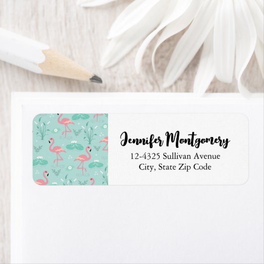 Pastel roze flamingo's groen patroon etiket (Insitu)