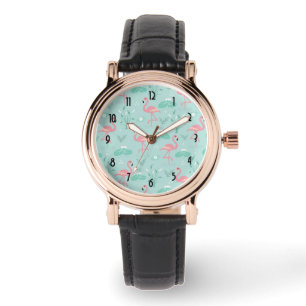 Pastel roze flamingo's groen patroon horloge