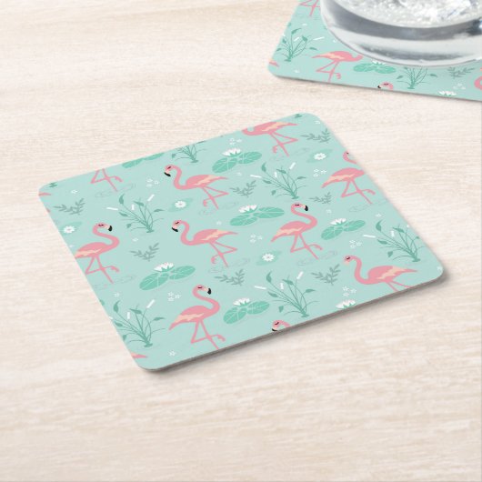 Pastel roze flamingo's groen patroon kartonnen onderzetters (Schuin)