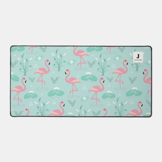 Pastel roze flamingo's groen patroon monogram bureaumat (Voorkant)