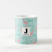 Pastel roze flamingo's groen patroon monogram koffiemok (Center)