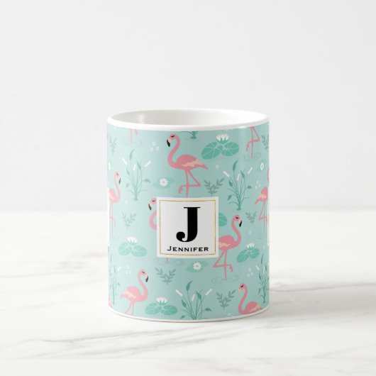 Pastel roze flamingo's groen patroon monogram koffiemok (Center)