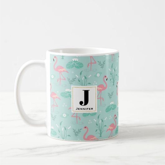 Pastel roze flamingo's groen patroon monogram koffiemok (Links)