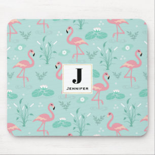 Pastel roze flamingo's groen patroon monogram muismat