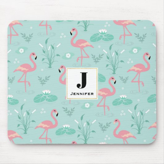 Pastel roze flamingo's groen patroon monogram muismat (Voorkant)