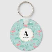 Pastel roze flamingo's groen patroon monogram sleutelhanger (Voorkant)