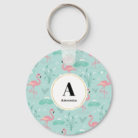 Pastel roze flamingo's groen patroon monogram sleutelhanger (Voorkant)