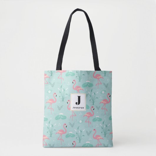 Pastel roze flamingo's groen patroon monogram tote bag (Voorkant)