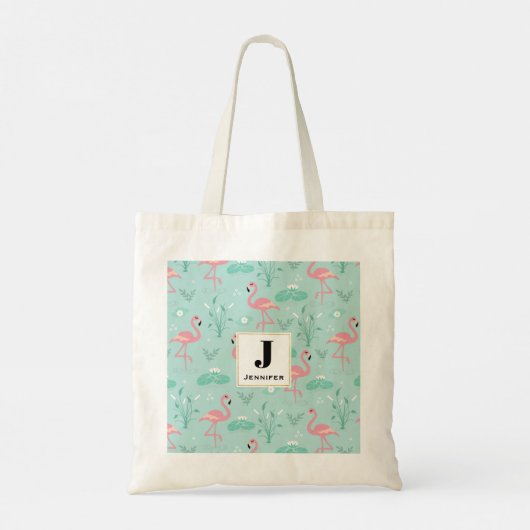 Pastel roze flamingo's groen patroon monogram tote bag (Achterkant)