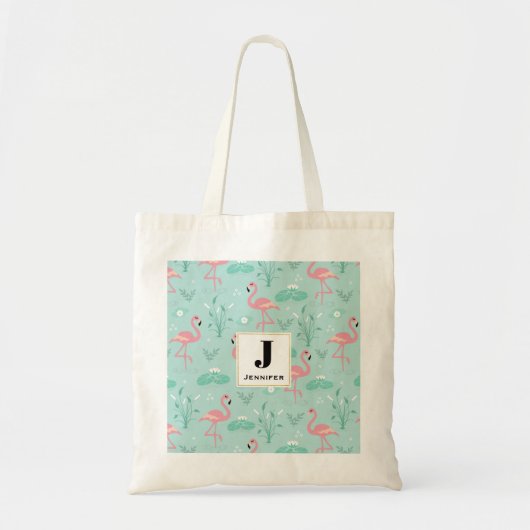 Pastel roze flamingo's groen patroon monogram tote bag (Voorkant)