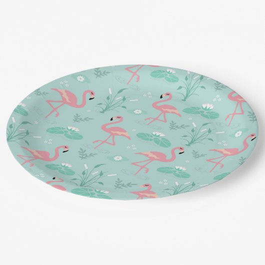 Pastel roze flamingo's groen patroon papieren bordje (Gekanteld)