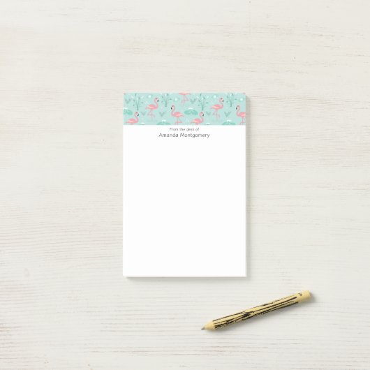 Pastel roze flamingo's groen patroon post-it® notes (Op bureau)