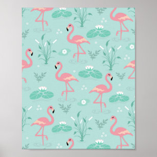 Pastel roze flamingo's groen patroon poster
