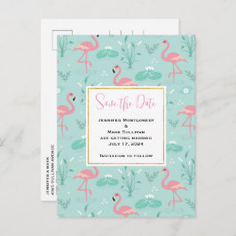 Pastel Roze Flamingo's Groen Patroon Save the Date Uitnodiging Briefkaart
