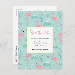Pastel Roze Flamingo's Groen Patroon Save the Date Uitnodiging Briefkaart