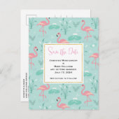 Pastel Roze Flamingo's Groen Patroon Save the Date Uitnodiging Briefkaart (Voorkant / Achterkant)
