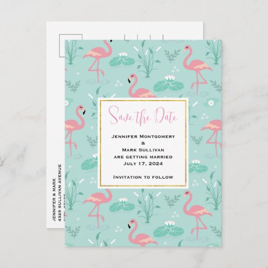 Pastel Roze Flamingo's Groen Patroon Save the Date Uitnodiging Briefkaart (Voorkant / Achterkant)