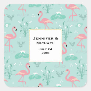 Pastel roze flamingo's groen patroon trouwdatum vierkante sticker