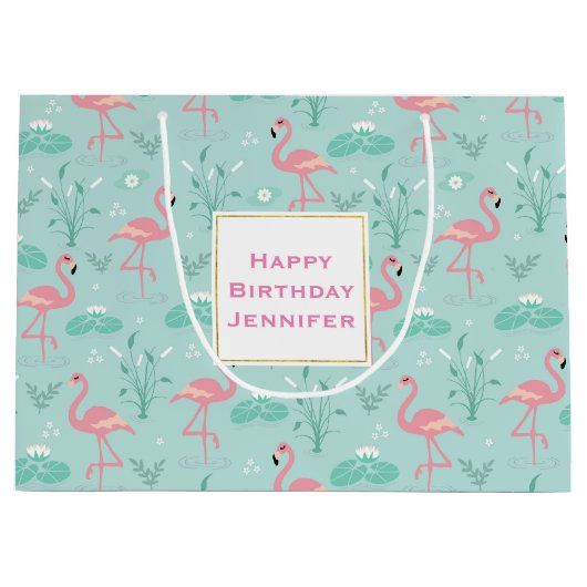 Pastel roze flamingo's groen patroon verjaardag groot cadeauzakje (Voorkant)