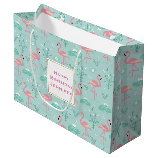 Pastel roze flamingo's groen patroon verjaardag groot cadeauzakje (Voorkant Gekanteld)