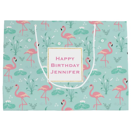 Pastel roze flamingo's groen patroon verjaardag groot cadeauzakje (Achterkant)