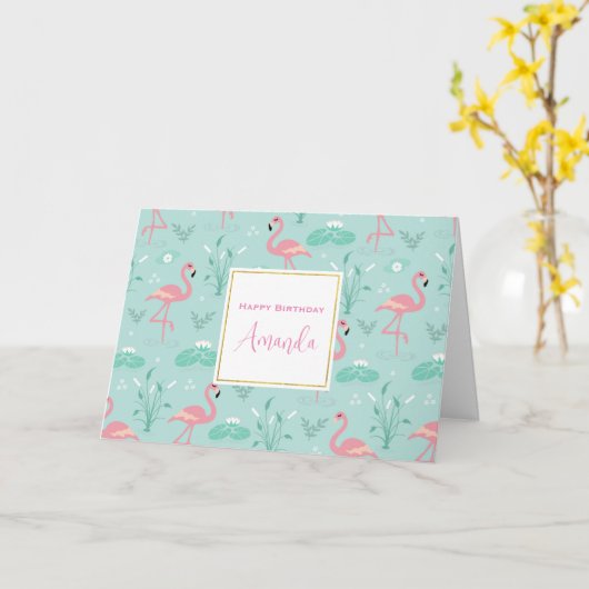 Pastel roze flamingo's groen patroon verjaardag kaart (Gele Bloem)