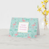 Pastel roze flamingo's groen patroon verjaardag kaart (Gele Bloem)