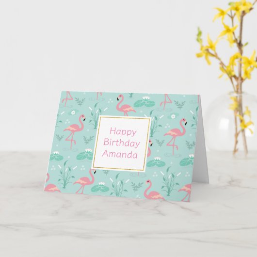 Pastel roze flamingo's groen patroon verjaardag kaart (Gele Bloem)