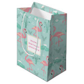 Pastel roze flamingo's groen patroon verjaardag medium cadeauzakje (Voorkant Gekanteld)