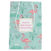 Pastel roze flamingo's groen patroon verjaardag medium cadeauzakje (Achterkant)