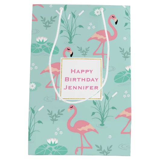 Pastel roze flamingo's groen patroon verjaardag medium cadeauzakje (Achterkant)