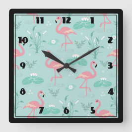 Pastel roze flamingo's groen patroon vierkante klok