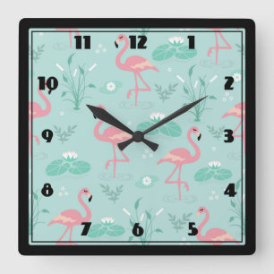 Pastel roze flamingo's groen patroon vierkante klok
