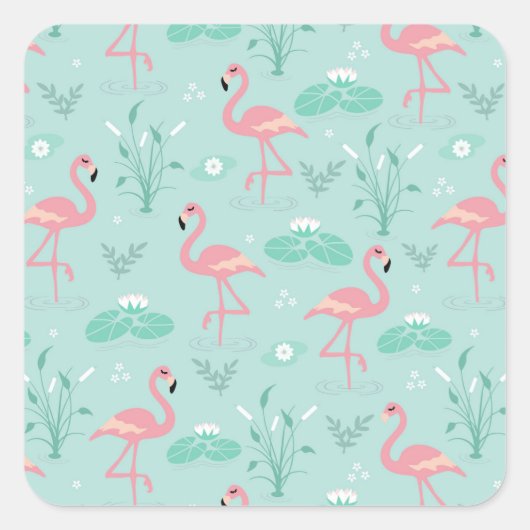 Pastel roze flamingo's groen patroon vierkante sticker (Voorkant)