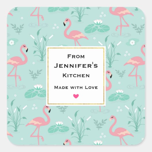 Pastel Roze Flamingo's Groene Patroon Keuken Vierkante Sticker (Voorkant)