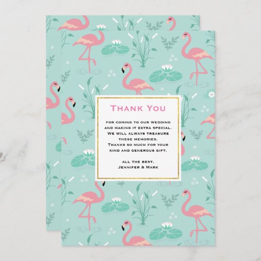 Pastel roze flamingo's op groene patroon bruiloft bedankkaart (Voorkant / Achterkant)