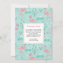 Pastel roze flamingo's op groene patroon bruiloft bedankkaart