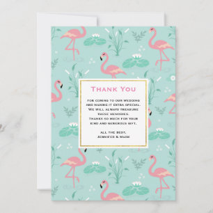 Pastel roze flamingo's op groene patroon bruiloft bedankkaart