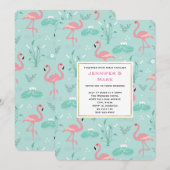 Pastel roze flamingo's op groene patroon bruiloft kaart (Voorkant / Achterkant)