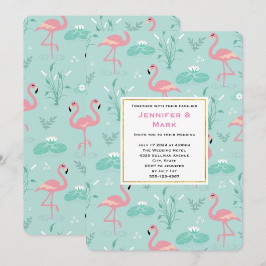 Pastel roze flamingo's op groene patroon bruiloft kaart (Voorkant / Achterkant)