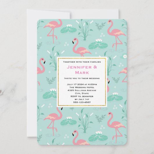 Pastel roze flamingo's op groene patroon bruiloft kaart (Voorkant)