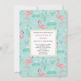 Pastel roze flamingo's op groene patroon bruiloft kaart